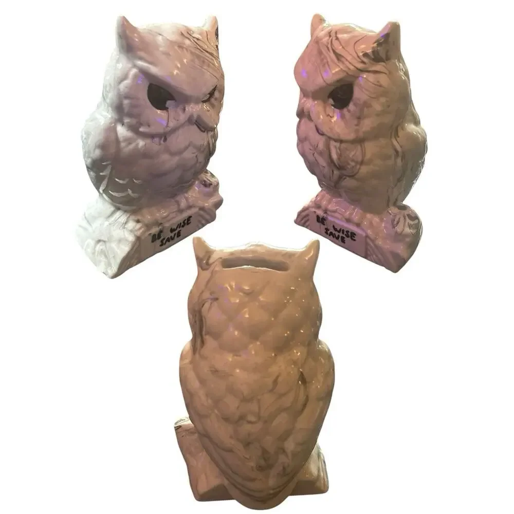 Vintage 70’s Ceramic Owl Coin Bank Be Wise Save Decorative White Grayish No Plug